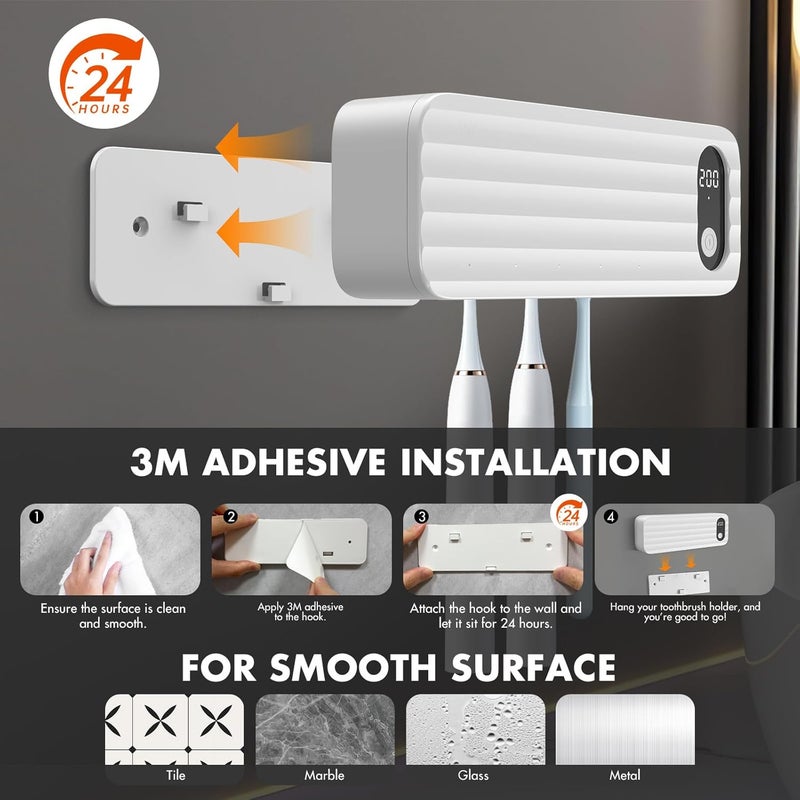 AuntyFey Sanitizeri Toothbrush Cleaner with 5 Slots, Smart Sanitizeri Toothbrush Holder Organizer, Cordless No Drilling Wall Mounted Rechargeable Holders for Bathroom Family, 200/400s Timer Function - Image 4